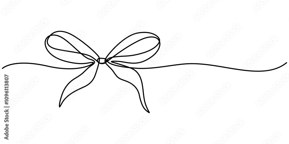 Poster drawing of gift ribbon bow in continuous one line art style. black linear sketch isolated on white b