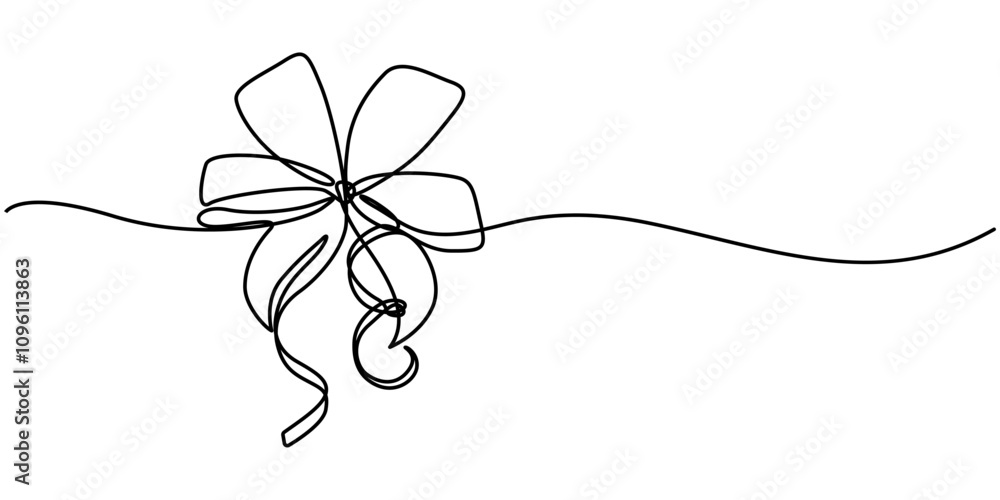 Poster Drawing of gift ribbon bow in continuous one line art style. Black linear sketch isolated on white background. Decorative ribbon bow continuous line art isolated on white background. Bowknot vector