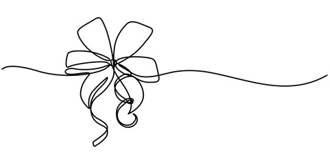 Drawing of gift ribbon bow in continuous one line art style. Black linear sketch isolated on white background. Decorative ribbon bow continuous line art isolated on white background. Bowknot vector
