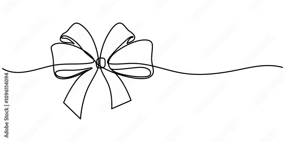 Poster drawing of gift ribbon bow in continuous one line art style. black linear sketch isolated on white b