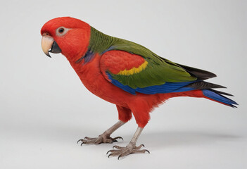 Fototapeta premium standard Lory right side view. Full figure visible, flat white background, no shadows, head and legs visible, ultra detailed, photorealistic 400mm lens, low angle 