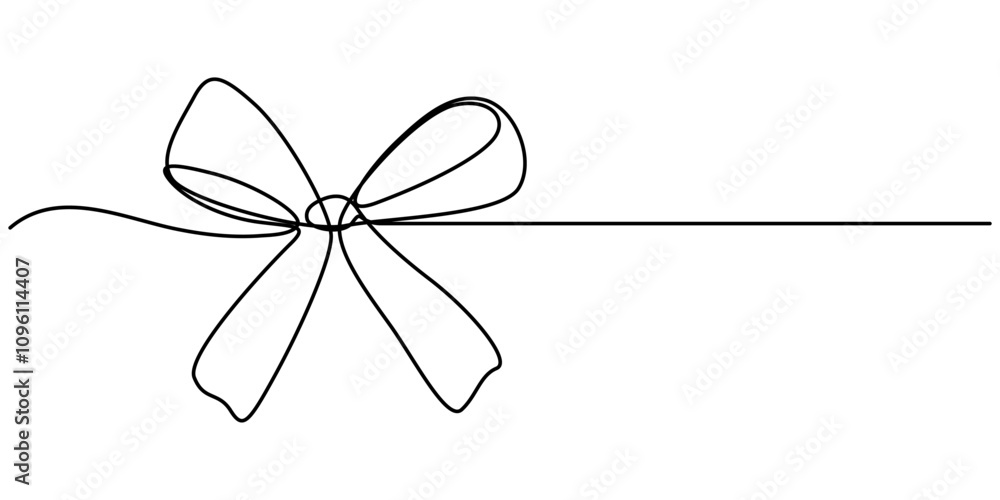 Poster drawing of gift ribbon bow in continuous one line art style. black linear sketch isolated on white b