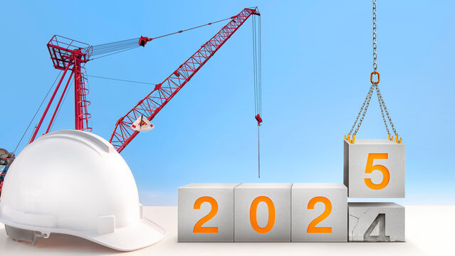 construction-crane are lifting year 2025 in concrete cube replace the passed year 2024. new year party and change new business for modern city and environment friendly.