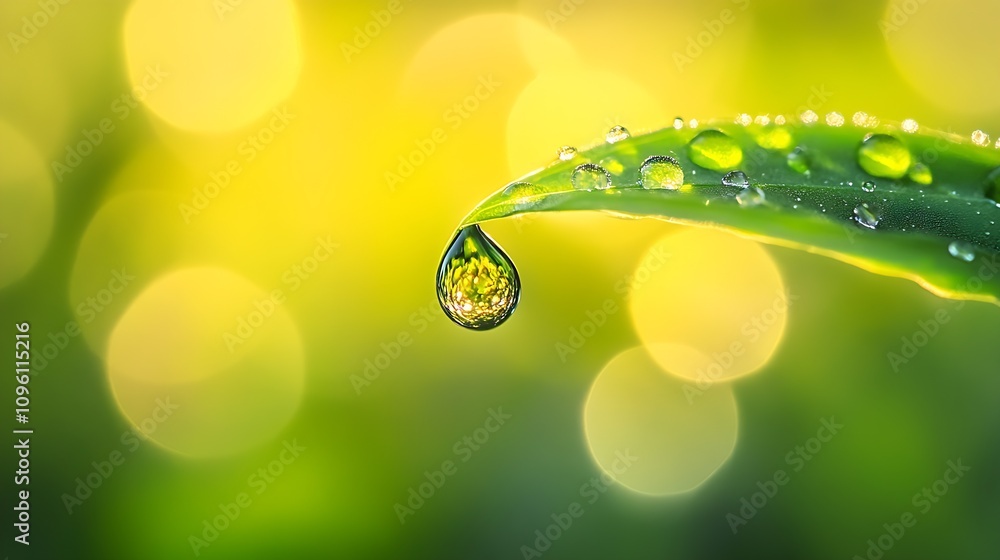 Aufkleber Macro Photography of Dewdrop Balancing on Green Leaf with Bokeh : Generative AI