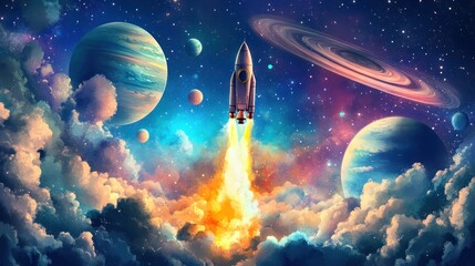 Fototapeta premium Whimsical Outer Space Scene with Rocket Launching Through Colorful Clouds into a Starry Galaxy