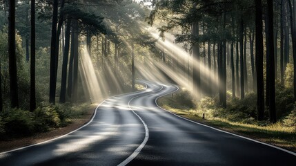 Obraz premium Sunbeams Illuminate Winding Road Through Misty Forest
