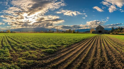 Obraz premium Barn in a Field with a Sunny Sky