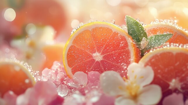 Bright and refreshing citrus slices adorned with dew, surrounded by delicate flowers and vibrant pink stones, evoking pure freshness.