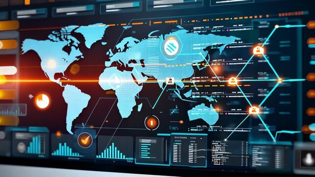 Close-up of a futuristic digital interface displaying data, analytics, and global network connections on a laptop screen.