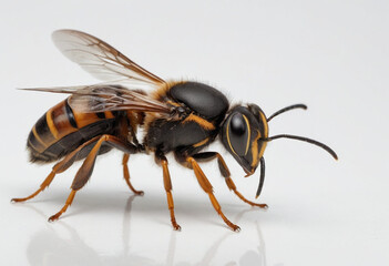  standard Greater Banded Hornet right side view. Full figure visible, flat white background, no shadows, head and legs visible, ultra detailed, photorealistic 400mm lens, low angle 