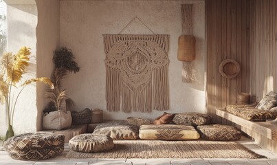 A cozy, bohemian-inspired interior with cushions and macramé decor.