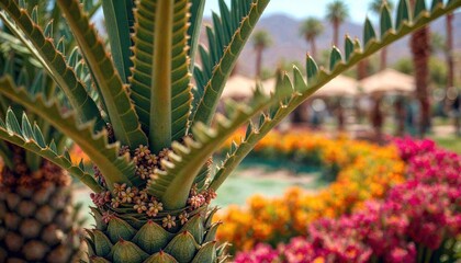 Close-Up Palm Tree with Desert Flowers