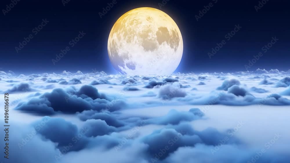 Poster the bright, full moon casts its glow over a sea of fluffy clouds, creating a mystical night sky. thi