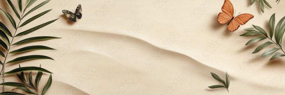 Poster a serene composition featuring butterflies and leaves on a textured background.