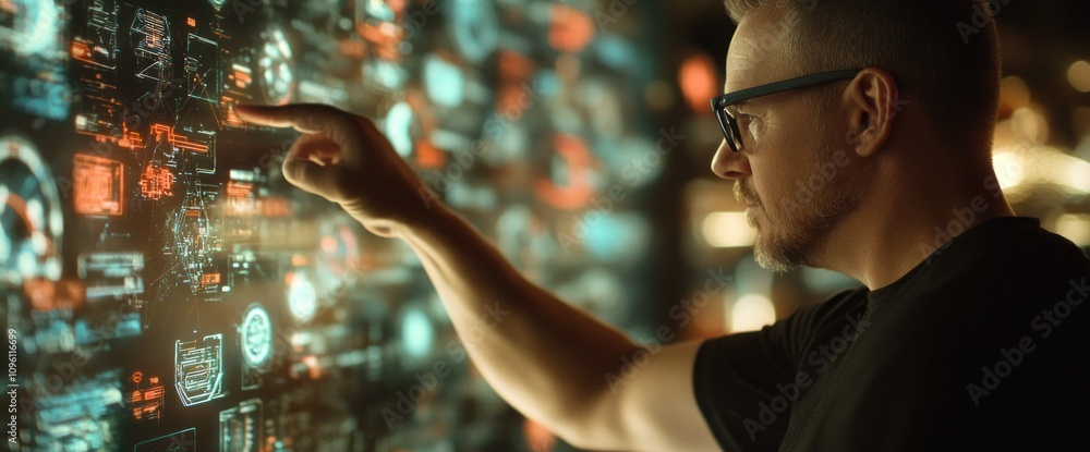 Poster A person interacts with a digital interface filled with data and graphics.