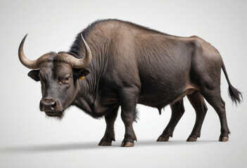 Naklejka premium standard Wild Water Buffalo right side view. Full figure visible, flat white background, no shadows, head and legs visible, ultra detailed, photorealistic 400mm lens, low angle 
