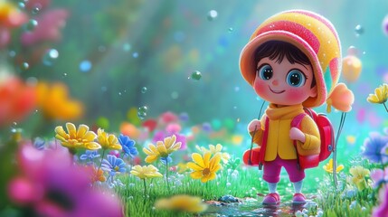 Naklejka premium Cute 3D Cartoon Character Illustration on Wide and Minimalist Wallpaper Background for Kids