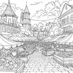 Obraz premium A bustling street fair with food stalls, coloring page for kids, simple outline illustration. Coloring book, simple lines.