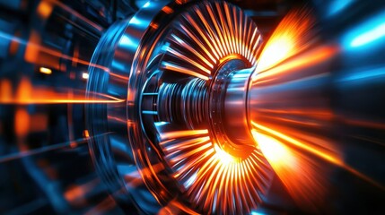 Obraz premium green energy hydropower energy storage Concept. A vibrant, close-up view of a futuristic turbine, showcasing intricate metallic components and dynamic light reflections.