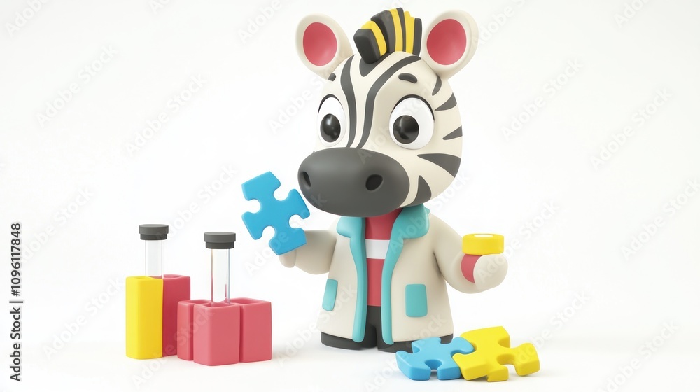 Aufkleber a cartoon zebra character in a lab coat holding a puzzle piece, surrounded by building blocks.