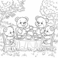 A charming tea party with stuffed animals, coloring page for kids, simple outline illustration. Coloring book, simple lines.