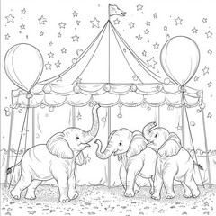A circus parade with elephants and balloons, coloring page for kids, simple outline illustration. Coloring book, simple lines.