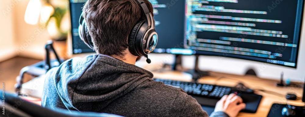 Aufkleber A person wearing a headset sits at a desk with multiple monitors displaying code.