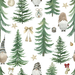 Watercolor Christmas seamless pattern with ghomes, candle, bells, fir-trees, balls. Hand drawn illustration on white background, for wallpaper, wrapping