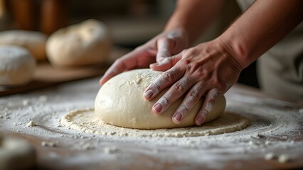 Hands kneading dough on a floured surface, emphasizing the art of breadmaking and homemade baking in a rustic kitchen environment