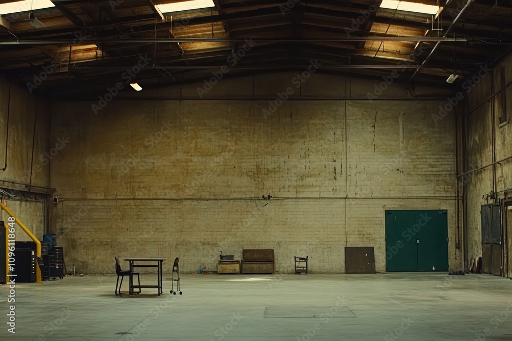 Poster a spacious, empty warehouse featuring a table and chairs, evoking a sense of isolation.