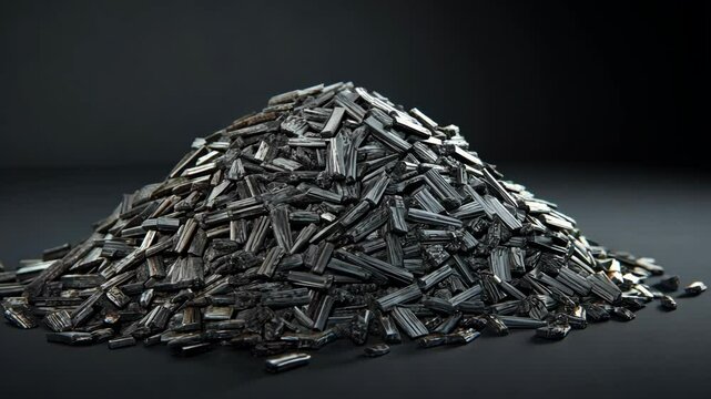 Black tourmaline crystals displayed in a pyramid formation on a dark background showcasing their unique texture and color