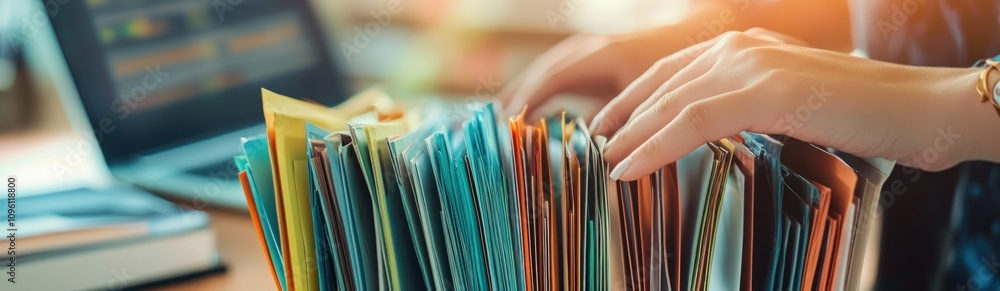 Aufkleber a person organizing colorful files on a desk with a laptop in the background.