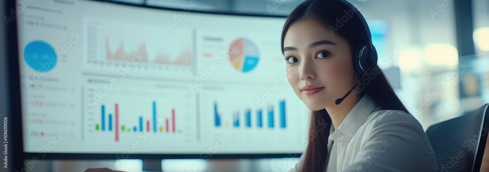 Poster a woman in a headset analyzes data on a large screen in a modern business environment.