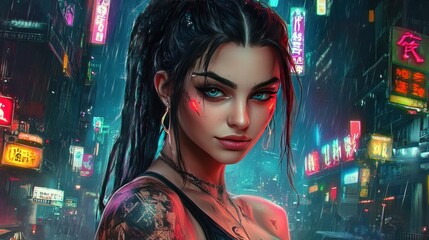 Cyberpunk girl with glowing tattoos, illuminated by neon signs in a bustling urban cityscape at night