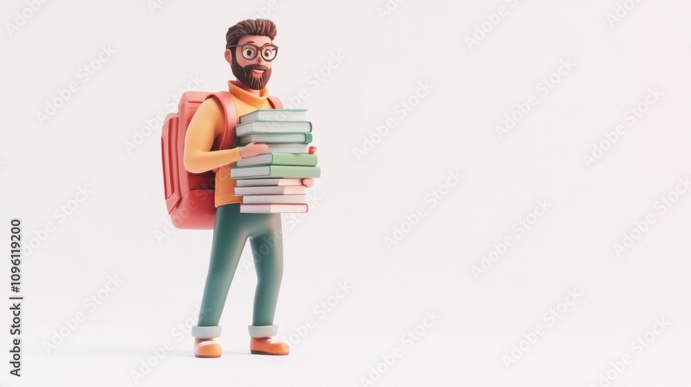 Poster a 3d character with glasses and a backpack carrying a stack of books.