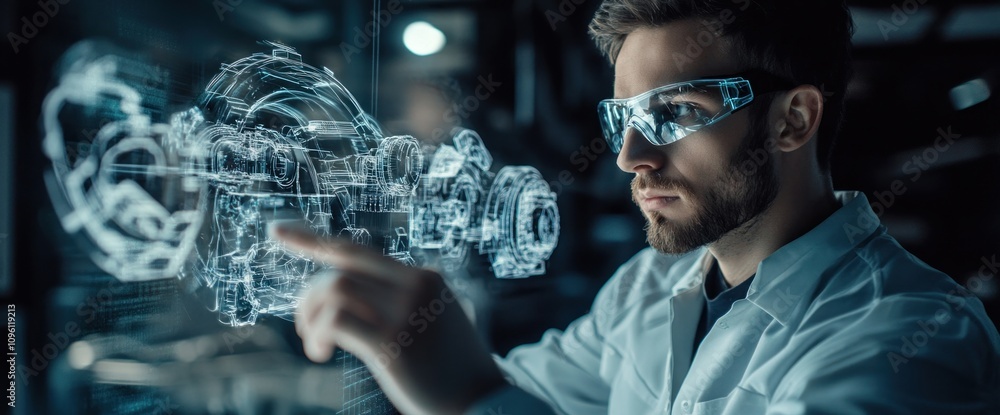 Leinwandbilder a scientist interacts with a holographic interface, showcasing advanced technology and innovation.