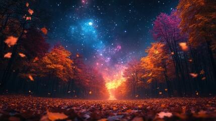 Obraz premium Enchanting Autumn Forest Path Under a Starry Sky and Milky Way Glow with Falling Leaves