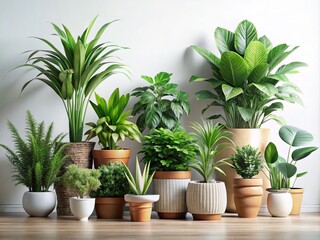 Fototapeta premium Lush Green Houseplant Collection: A Beautiful Display of Indoor Plants in Pots for Floral Decoration in Homes, Perfect for Interior Design and Nature Lovers – Isolated on White Background