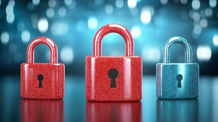 Three colorful padlocks in red and blue symbolize security and protection against unauthorized access, set against a shimmering blue background.