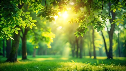 Fototapeta premium Lush Green Nature Background with Sunlit Trees in the Park, Perfect for Calm and Tranquil Scenes, Featuring Soft Focus and Copy Space for Text or Design Elements