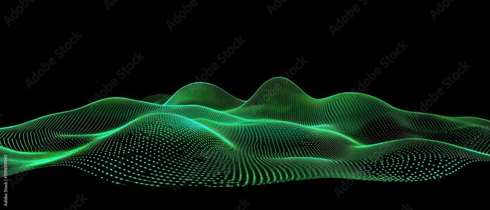 Poster abstract green wave patterns on a black background, representing data or digital landscapes.