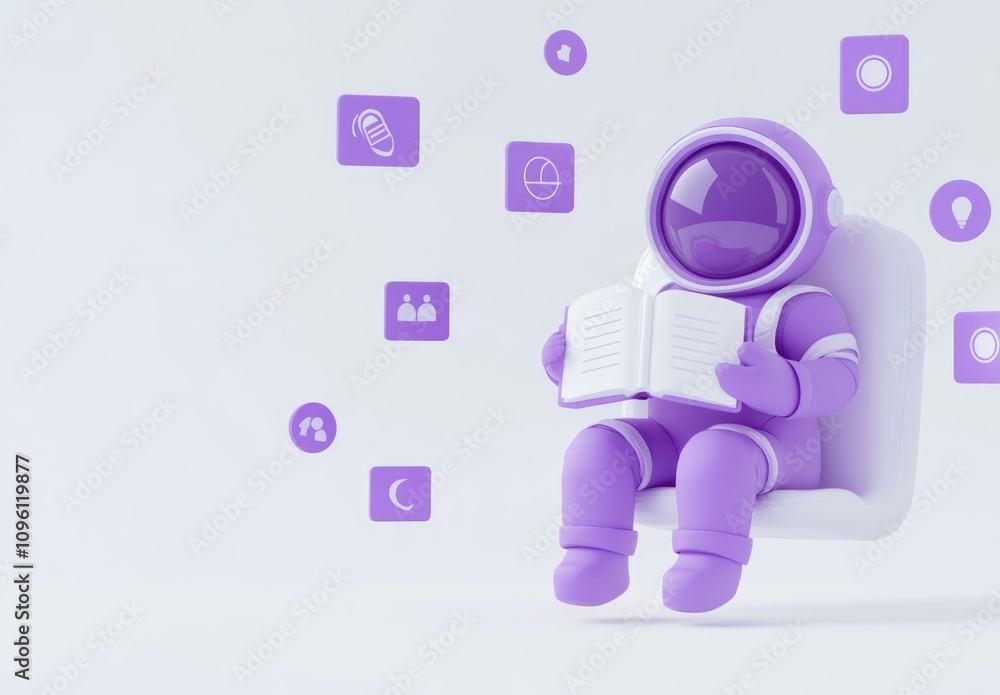 Poster A purple astronaut reading a book with floating icons around it.