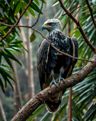 Obraz premium Harpy Eagle, a magnificent bird of prey, perched on a sturdy tree branch deep within a lush, tropical rainforest.