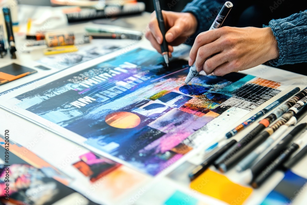 Poster a person creating a colorful artwork using various pens and materials on a workspace.