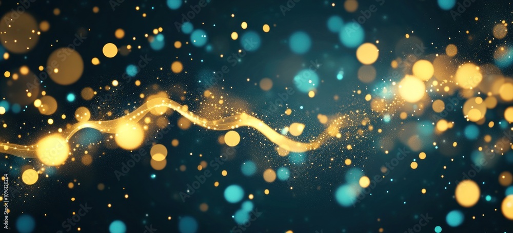 Aufkleber an abstract background featuring shimmering particles in gold and blue hues.