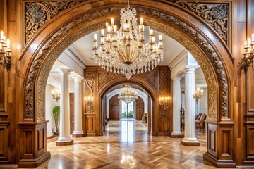 Obraz premium Luxurious Wooden Archway Adorned with Elegant Chandeliers on a Pristine White Background for Urban Exploration Photography