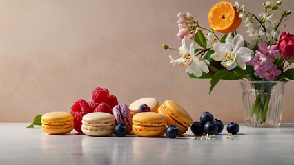 Vibrant macarons surrounded by fresh fruits like raspberries and blueberries, complemented by orange blossoms and vanilla orchids. set against a minimalist background that highlights the colors 
