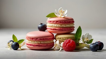 Vibrant macarons surrounded by fresh fruits like raspberries and blueberries, complemented by orange blossoms and vanilla orchids. set against a minimalist background that highlights the colors 