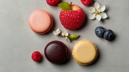 Vibrant macarons surrounded by fresh fruits like raspberries and blueberries, complemented by orange blossoms and vanilla orchids. set against a minimalist background that highlights the colors