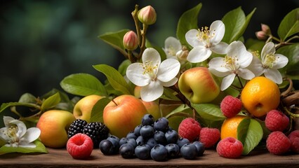 An artistic composition of fresh fruits such as raspberries, blueberries, oranges, and apples, adorned with orange blossoms and apple blossoms. The bright and minimalist arrangement